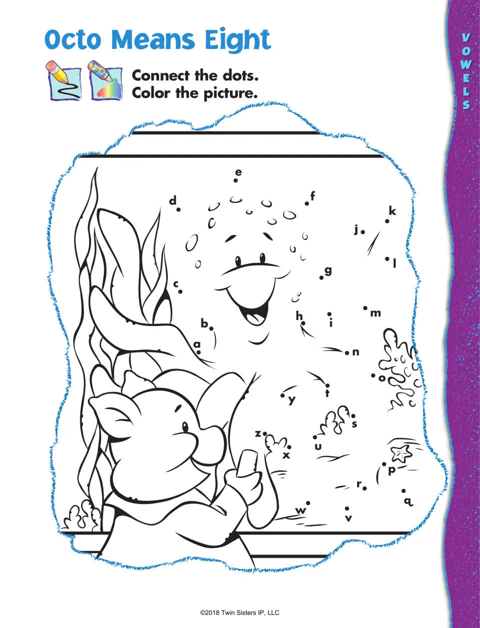 Alphabet dot-to-dot activity: connect lowercase letters a–z to complete an octopus, then color the picture