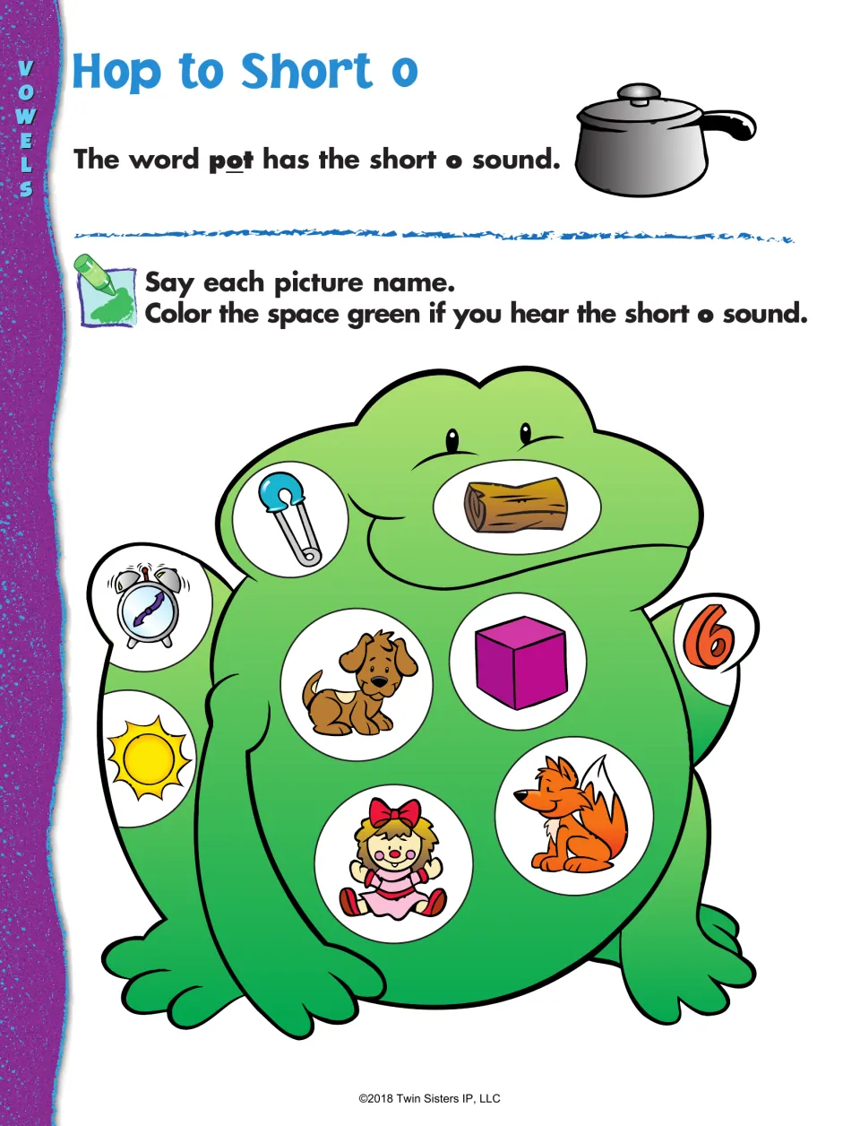 Short o listening practice: name pictures on a frog and color spaces green when their names have short o