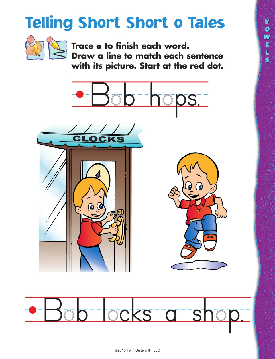 Short o sentence practice: trace o in 'Bob hops' and 'Bob locks a shop,' then match sentences to pictures