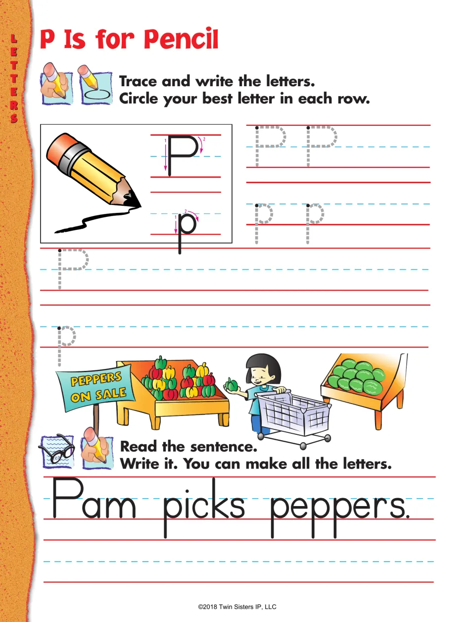 Letter P practice: trace and write uppercase and lowercase P, then read and copy 'Pam picks peppers.'