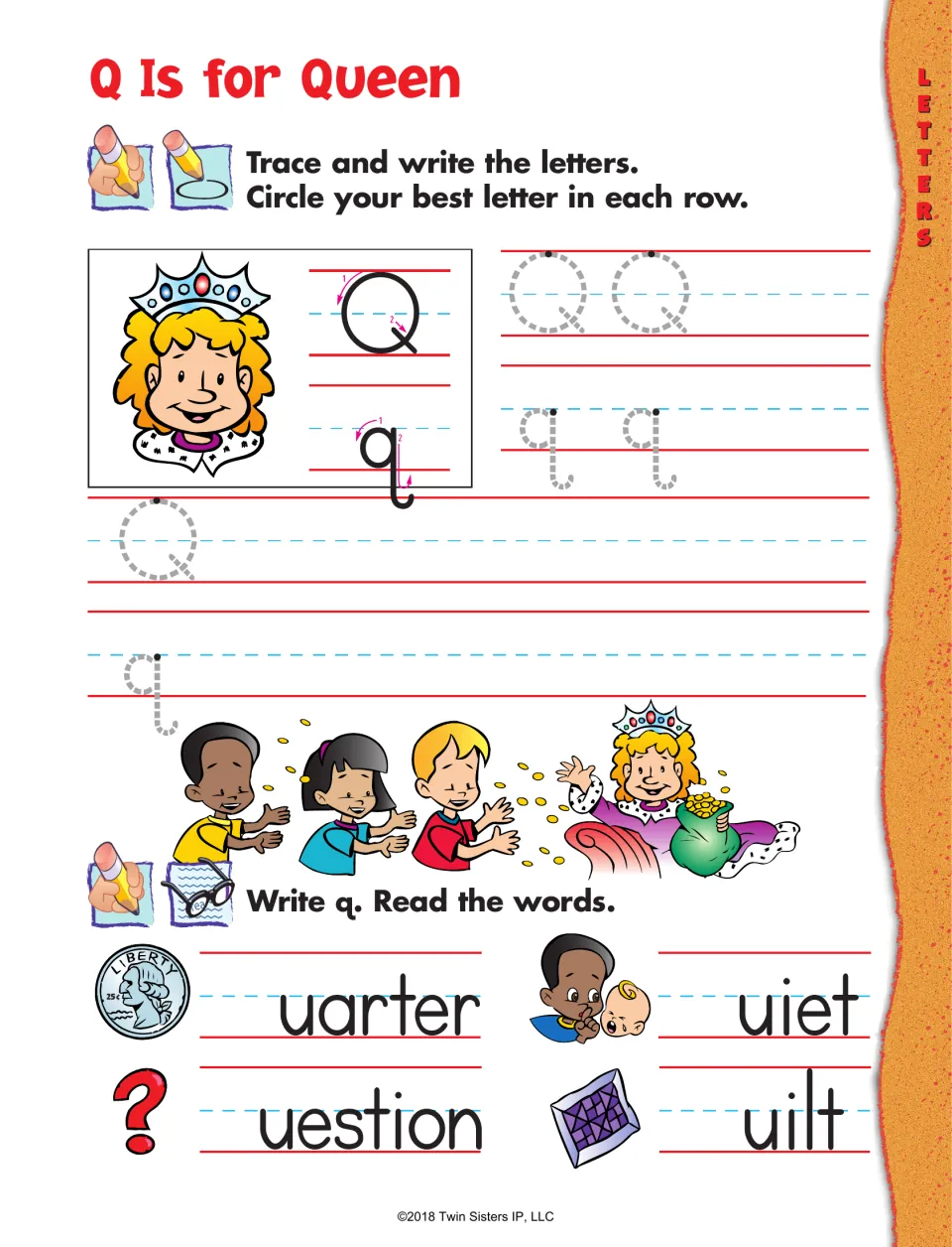 Letter Q practice: trace uppercase and lowercase Q, then add q to quarter, quiet, question, and quilt