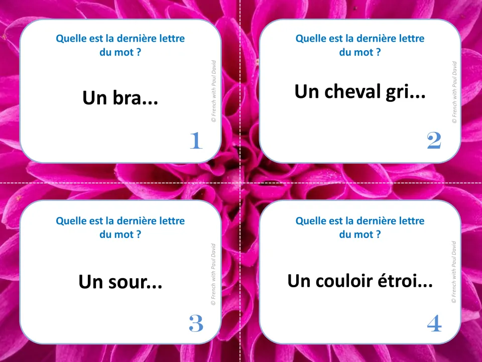 French silent final letter cards 1–4: complete “Un bra...,” “Un cheval gri...,” “Un sour...” and “Un couloir étroi...”