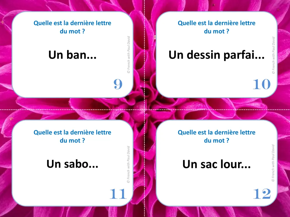 French silent final letter cards 9–12: “Un ban...,” “Un dessin parfai...,” “Un sabo...” and “Un sac lour...”