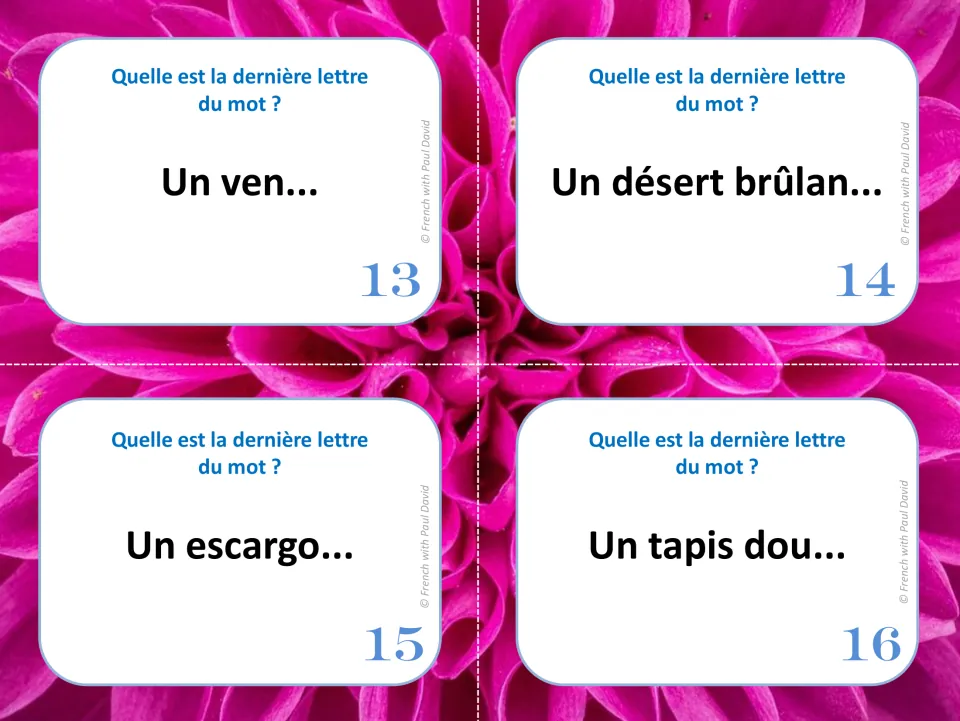 French silent final letter cards 13–16: “Un ven...,” “Un désert brûlan...,” “Un escargo...” and “Un tapis dou...”