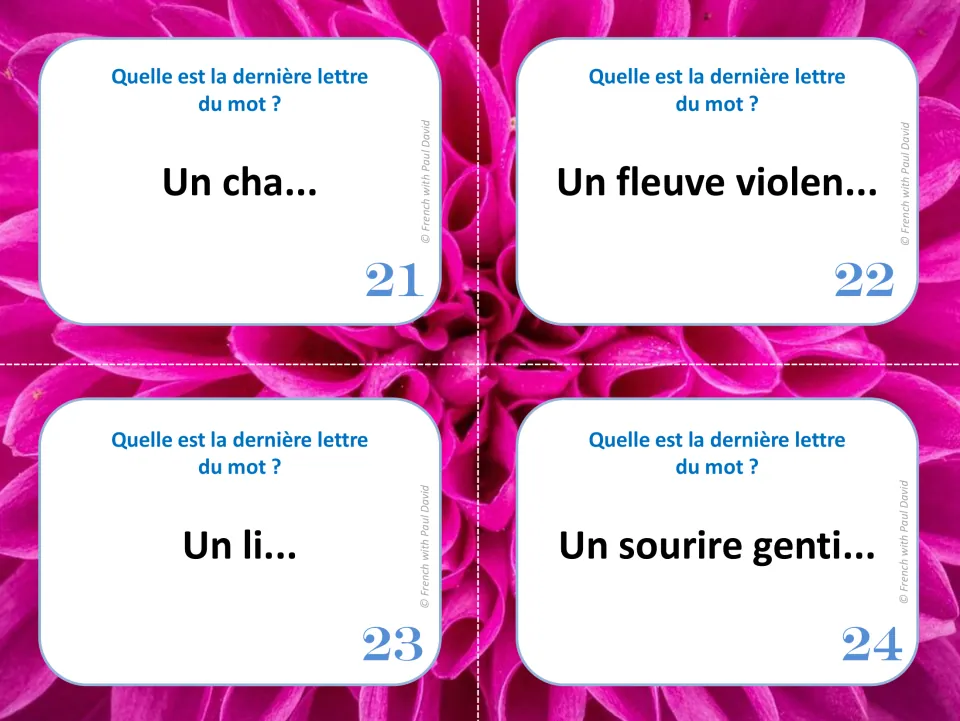 French silent final letter cards 21–24: “Un cha...,” “Un fleuve violen...,” “Un li...” and “Un sourire genti...”
