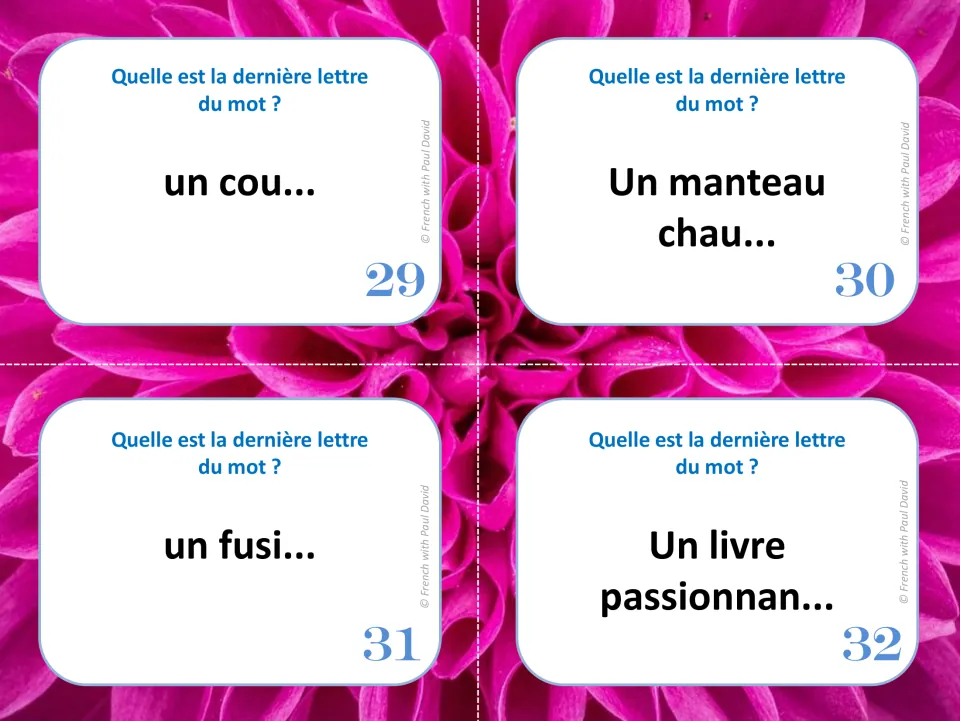 French silent final letter cards 29–32: “un cou...,” “Un manteau chau...,” “un fusi...” and “Un livre passionnan...”