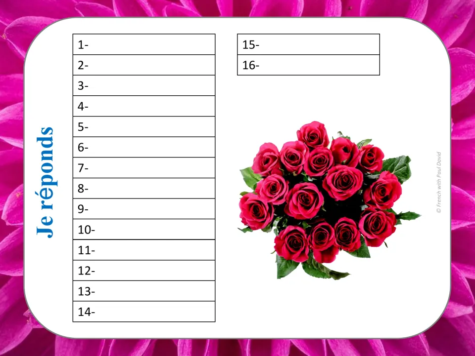 French silent final letter response sheet for cards 1–16, headed “Je réponds” (I answer), with blank entries