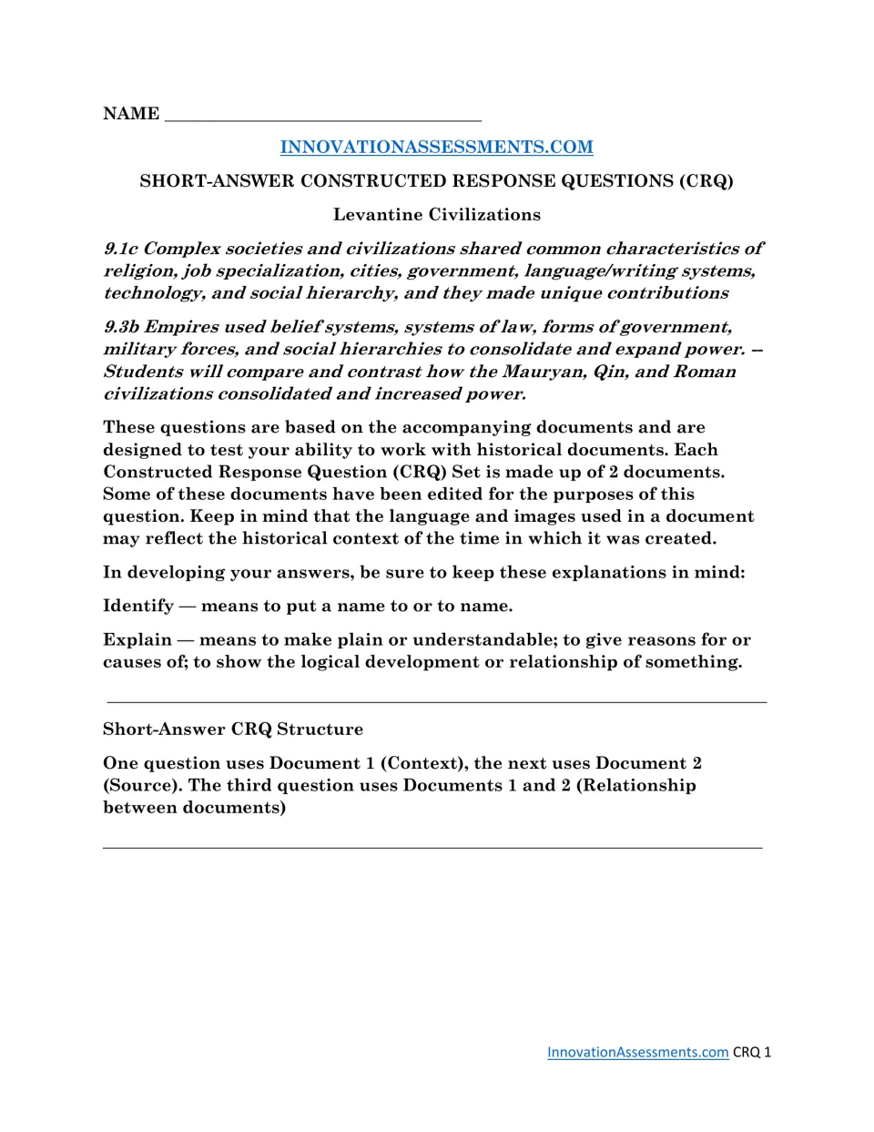 CRQ introduction: Levantine civilizations, definitions of identify and explain, and the two-document format