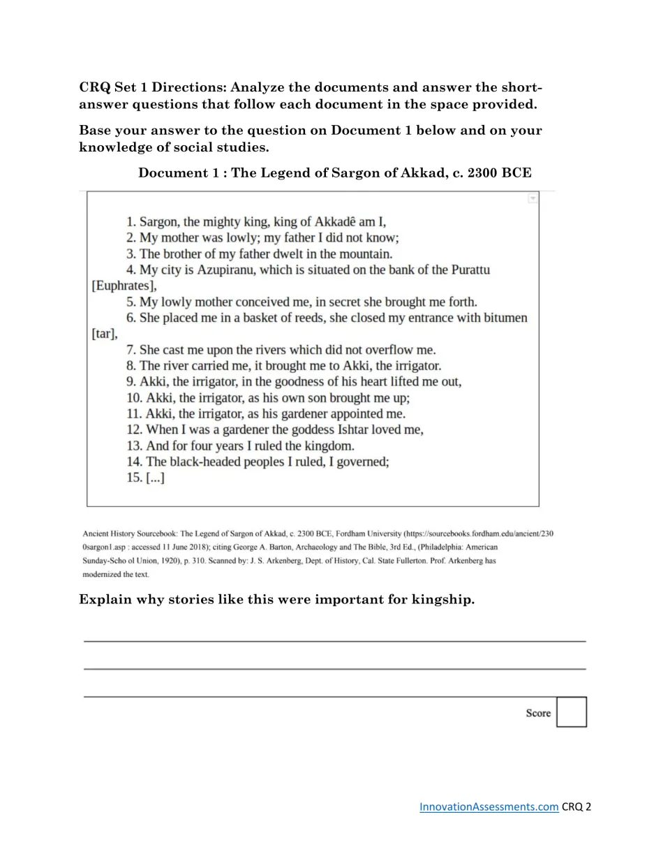 CRQ Set 1, Document 1: The Legend of Sargon of Akkad and a question on why such stories supported kingship