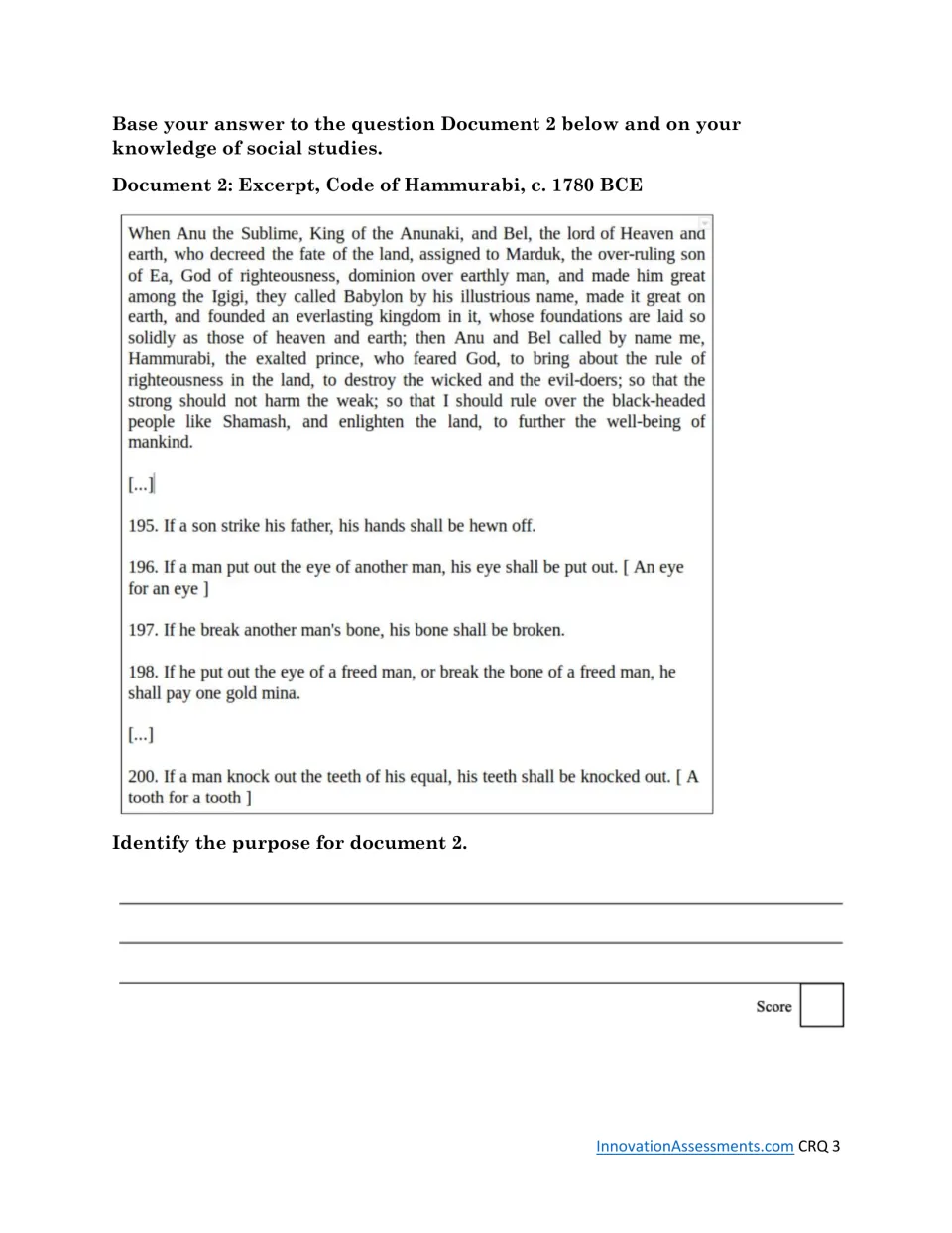 CRQ Set 1, Document 2: Code of Hammurabi excerpt on divine authority and laws, with a purpose question