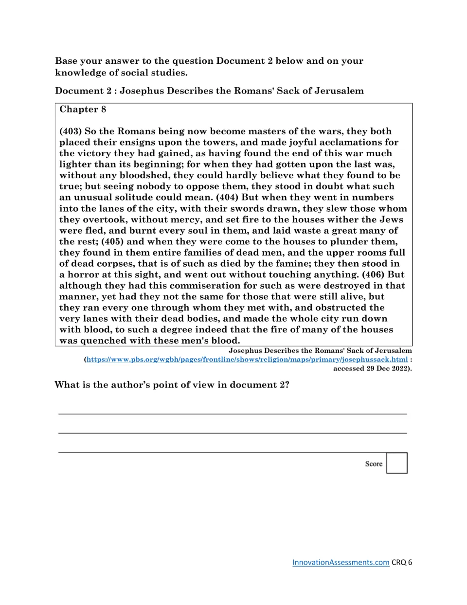 CRQ Set 2, Document 2: Josephus describes the Romans' sack of Jerusalem, followed by a point-of-view question