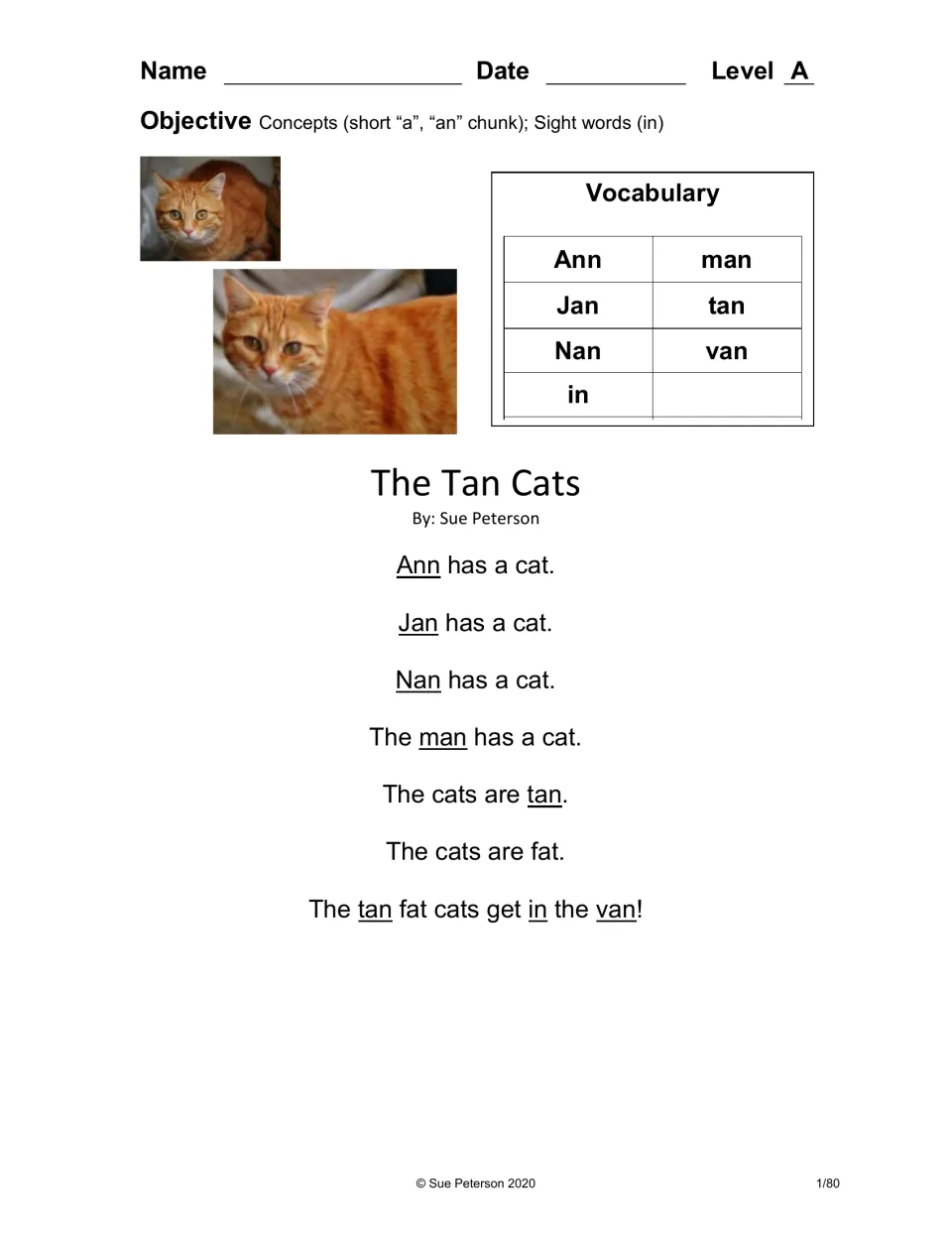 The Tan Cats, a Level A reader on short a and the -an chunk: students read Ann, Jan, Nan, man, tan, van and sight word in