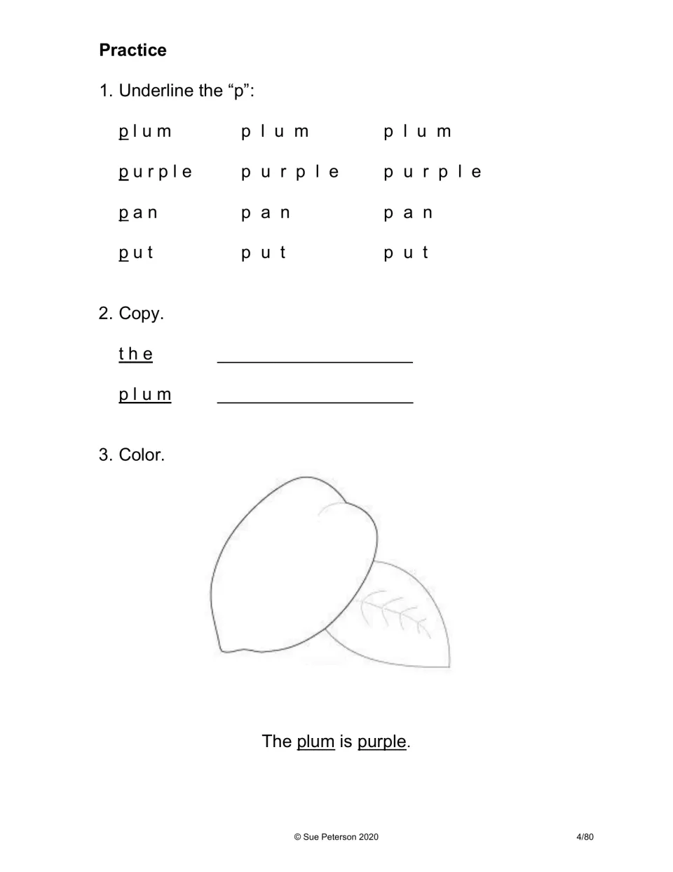 Initial p practice: students underline p in plum, purple, pan and put, copy the and plum, and color a plum outline purple