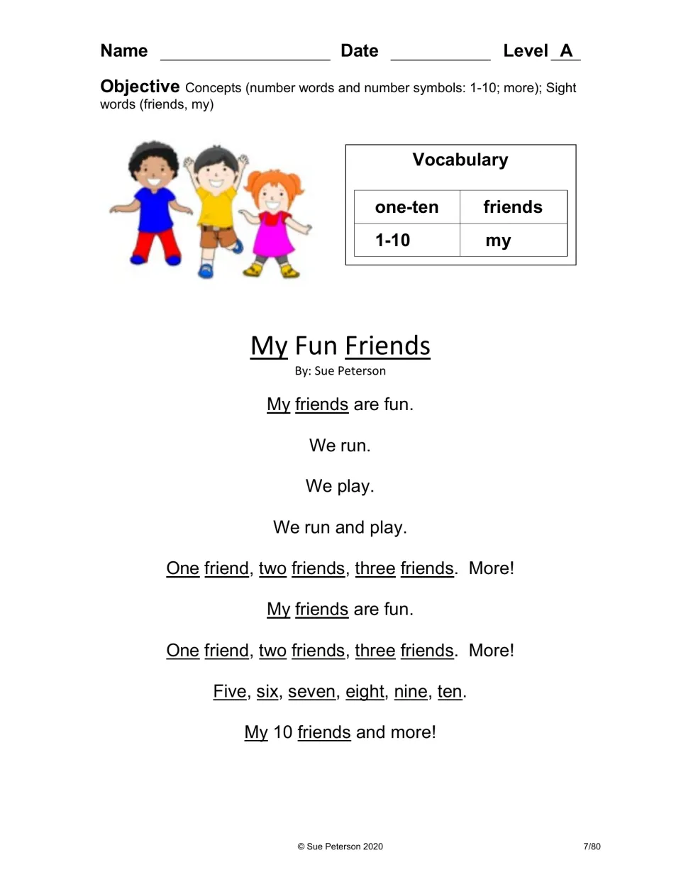 My Fun Friends, a Level A reader on number words 1 to 10: students count along, practising sight words my and friends