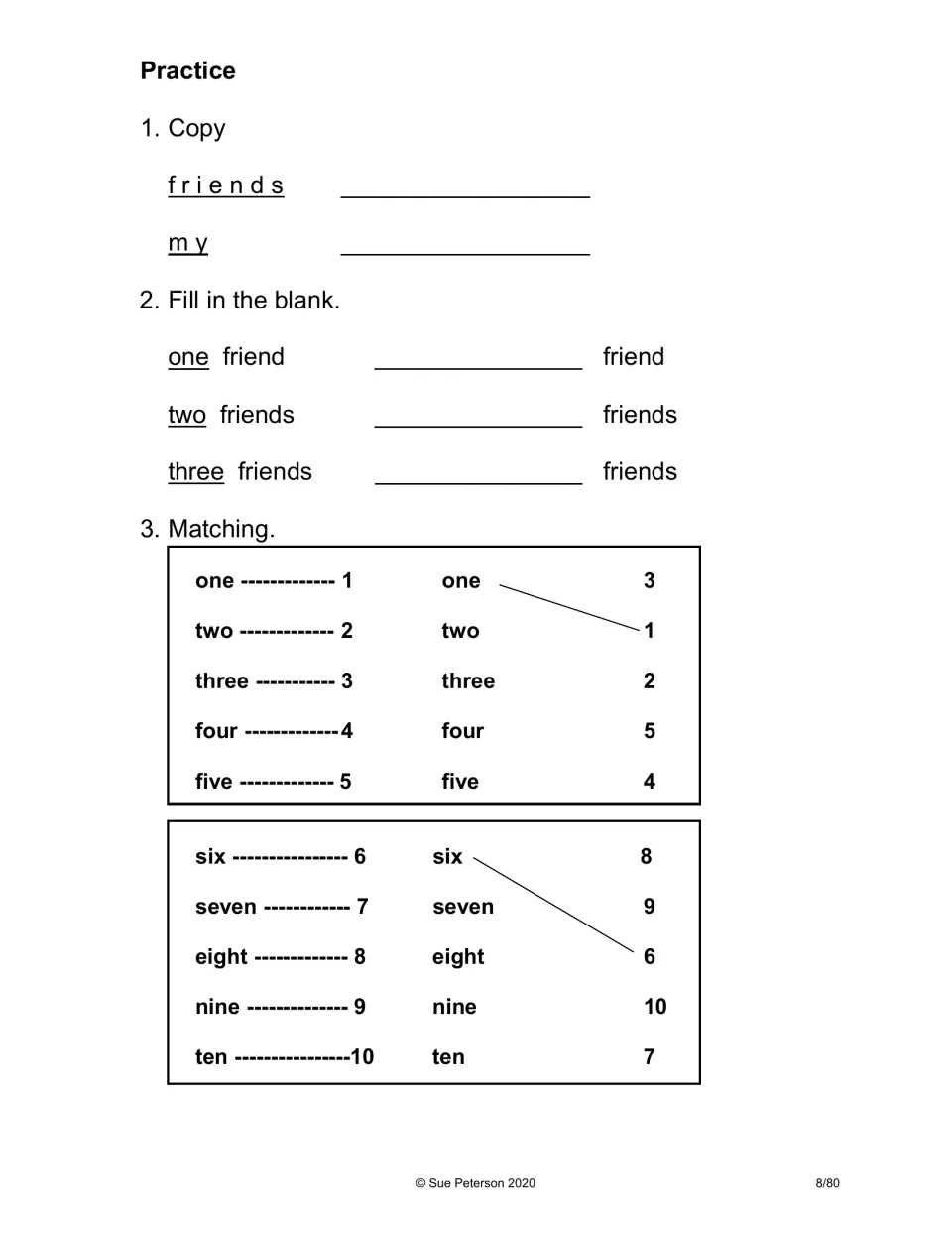 Number word practice: students copy friends and my, fill in one, two, three, and match number words to numerals 1-10