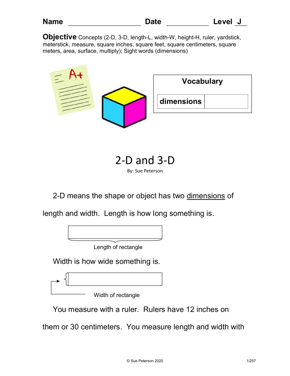 Level J book '2-D and 3-D' opens with dimensions, length, width, and labeled rectangle measurements