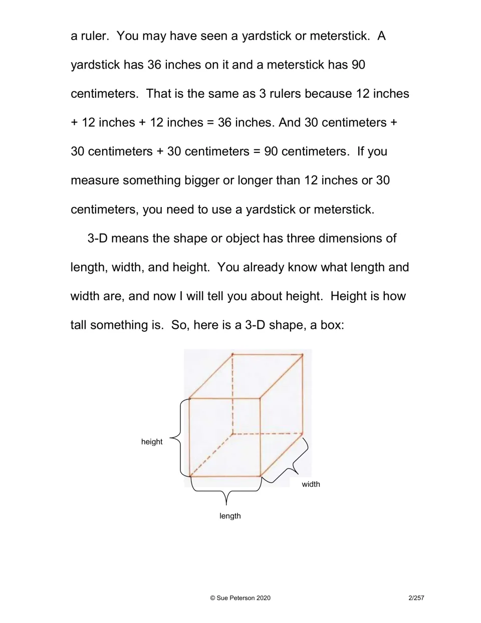 Second page of '2-D and 3-D' explains measuring tools and shows a box labeled height, length, and width