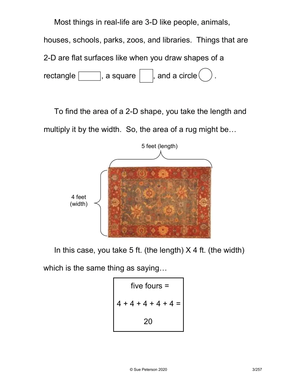 Third page of '2-D and 3-D' compares flat shapes and solid objects, then uses a 5-by-4-foot rug for area