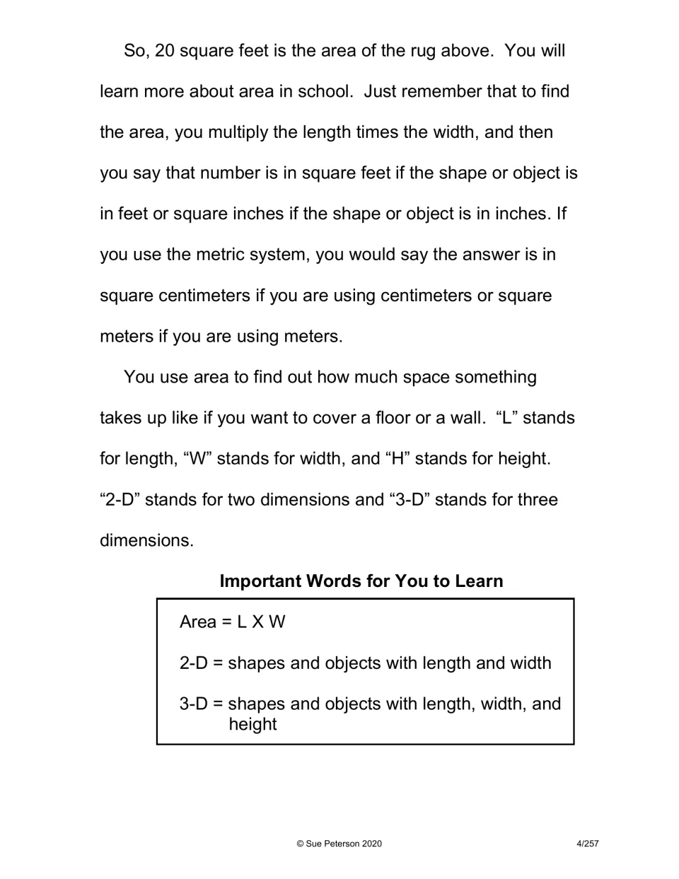 Final reading page of '2-D and 3-D' explains square units for area and reviews length, width, and height