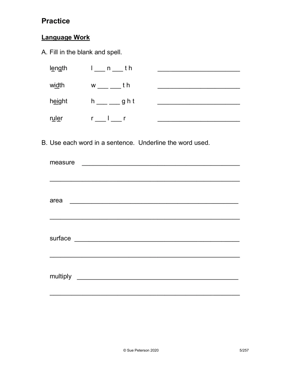 Language practice for '2-D and 3-D': spell length, width, height, and ruler, then write vocabulary sentences