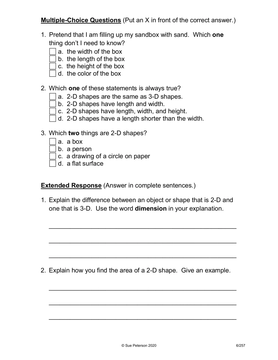 Comprehension practice for '2-D and 3-D' includes three multiple-choice questions and two written responses