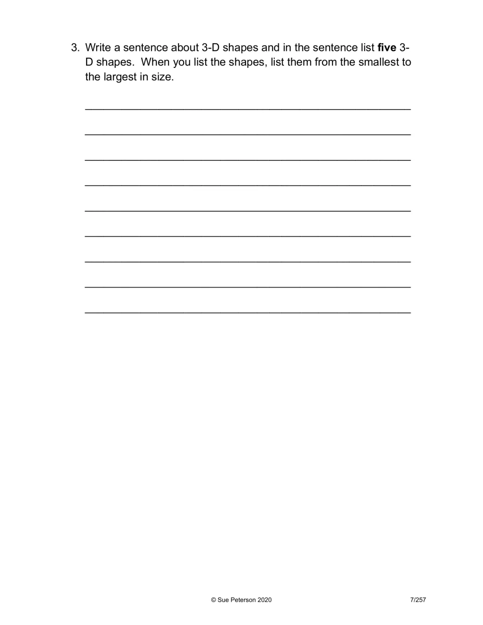 Final '2-D and 3-D' response asks for a sentence listing five 3-D shapes from smallest to largest in size