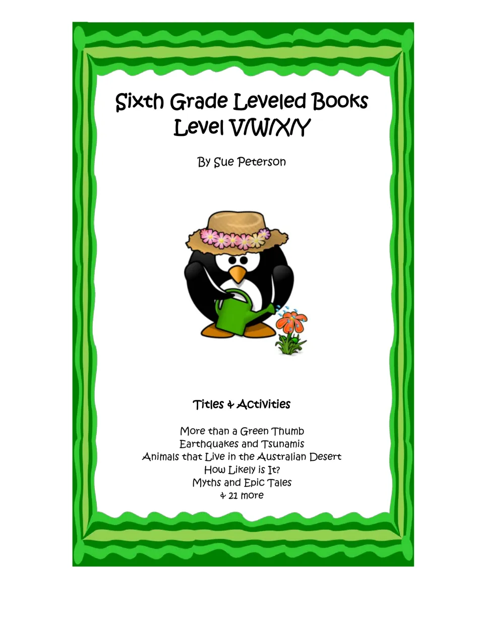 Cover of sixth grade leveled books, Levels V-Y, by Sue Peterson, listing titles like Earthquakes and Tsunamis plus 21 more