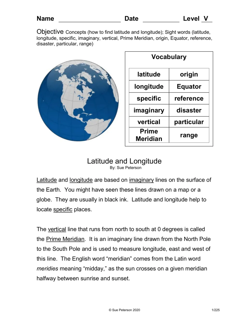 Level V nonfiction passage Latitude and Longitude opens with a vocabulary list and globe, explaining the Prime Meridian