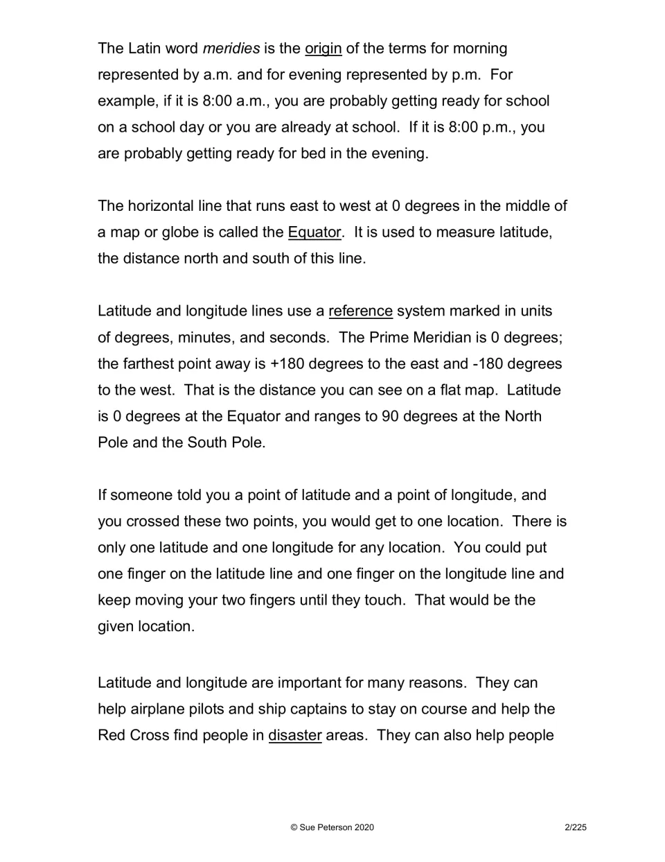 Latitude and longitude passage continues: a.m./p.m. origin, the Equator, degrees from 0 to 180, and why coordinates matter