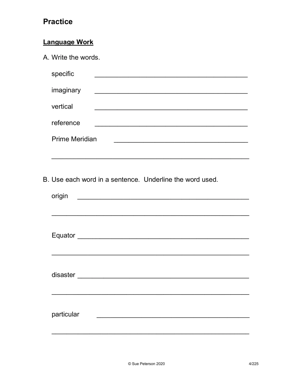 Latitude vocabulary practice: students copy specific, imaginary and vertical, then use origin and Equator in sentences