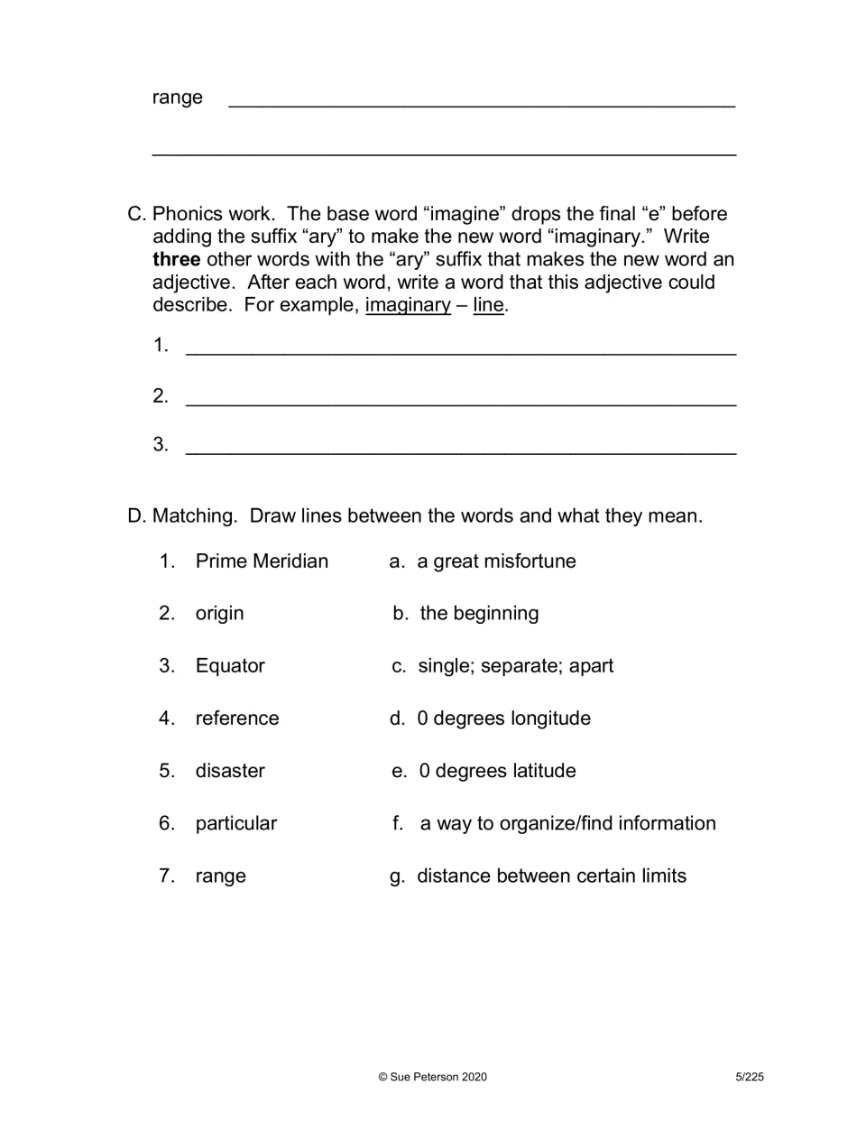 Suffix -ary phonics task and matching: students write three -ary adjectives, then match 7 geography words to meanings