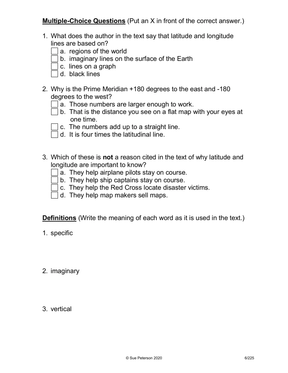 Latitude comprehension: three multiple-choice questions, then students define specific, imaginary and vertical