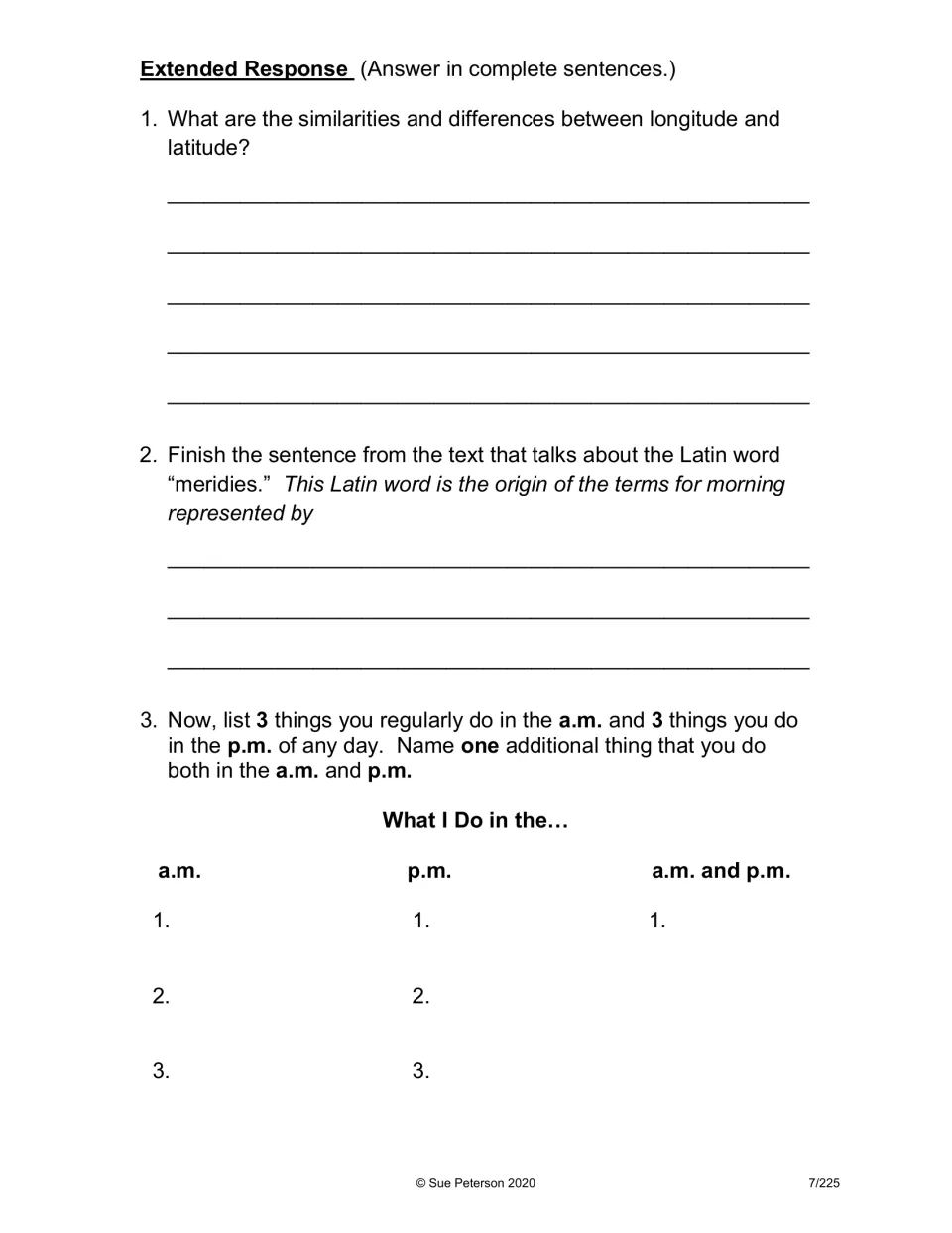 Extended response on latitude: compare longitude and latitude, finish the meridies sentence, list a.m. and p.m. activities