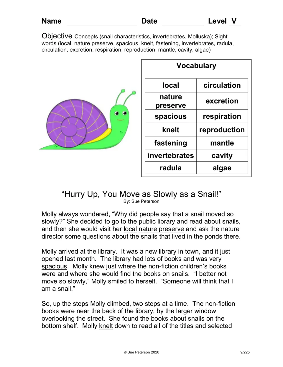 Level V story about snails: Molly visits the library to learn why snails move slowly, with a vocabulary list and snail art