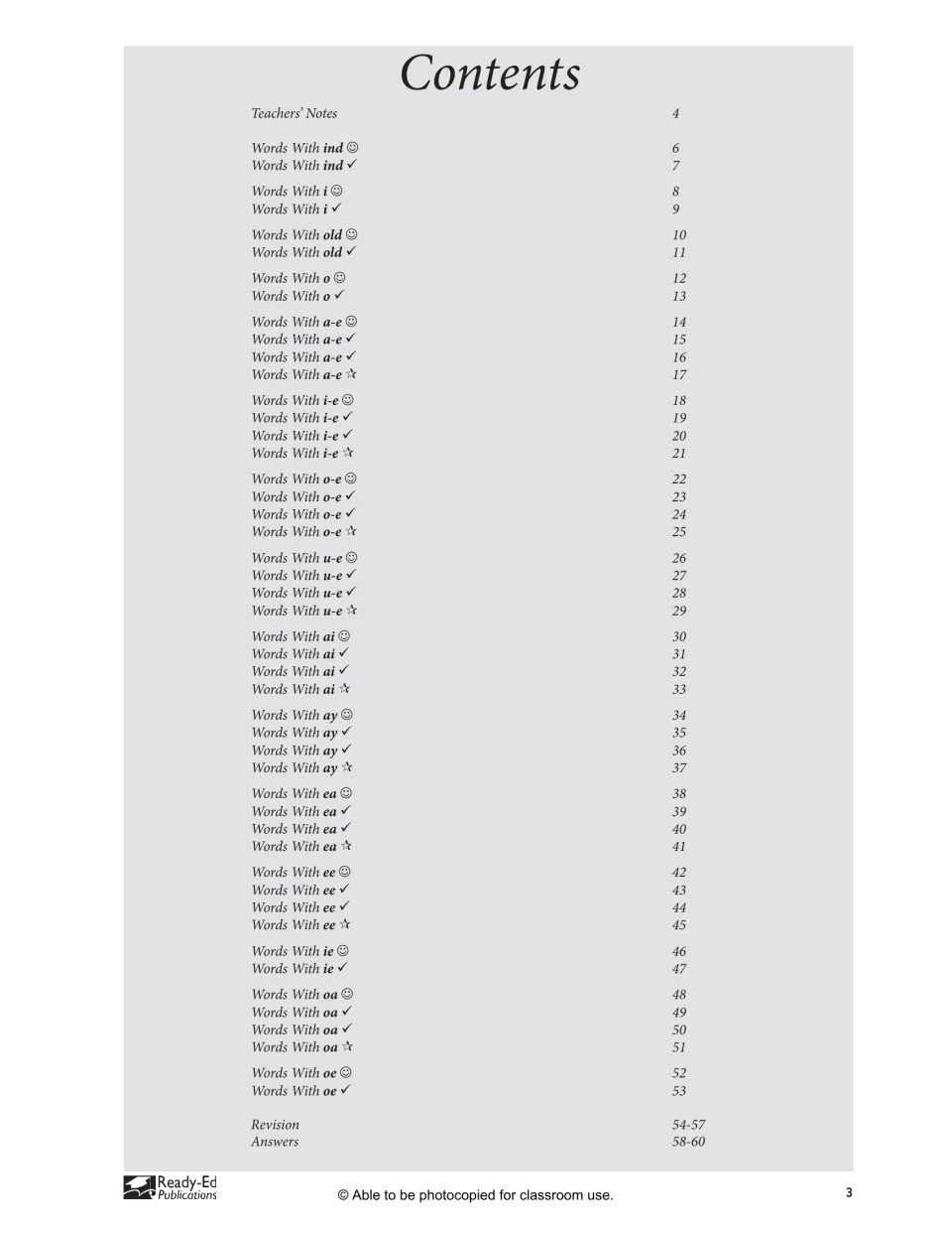 Table of contents listing 'Words With' pages for ind, i, old, o, a-e through oe, plus revision and answer pages