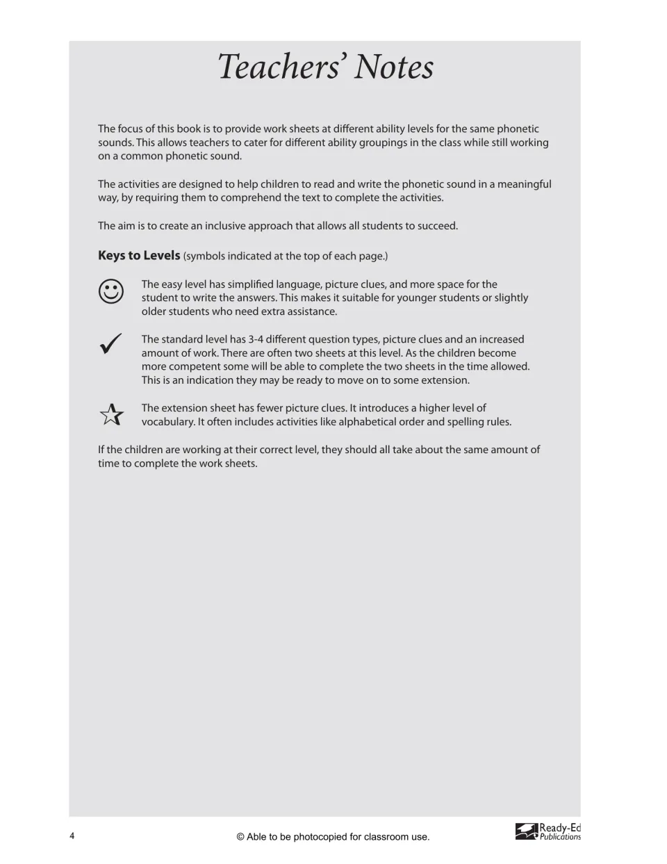 Teachers' notes explaining the three levels: easy (smiley face), standard (check mark) and extension (star)