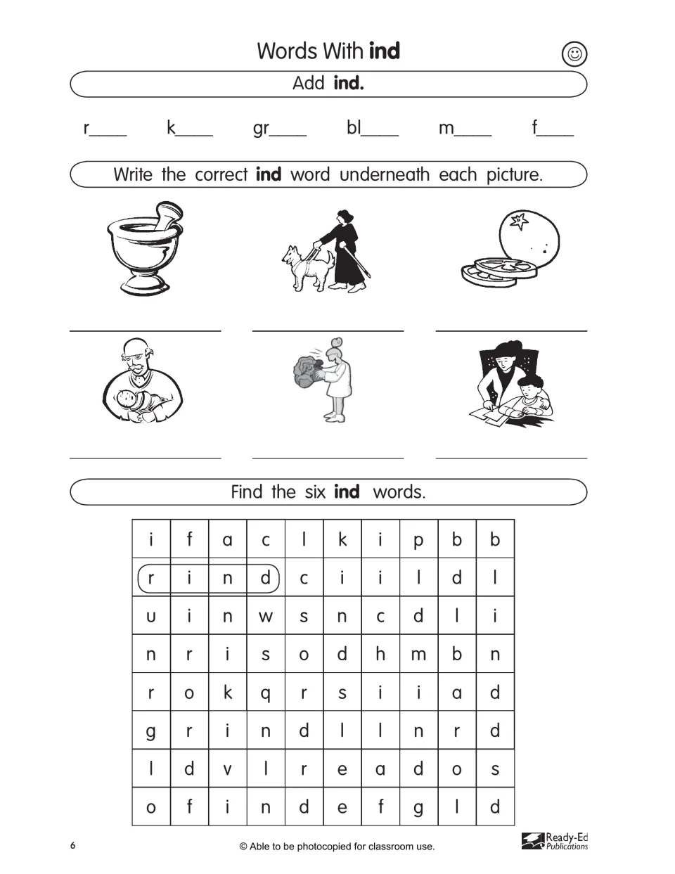 Easy-level ind page: add ind to r, k, gr, bl, m, f, label six pictures, and find six ind words in a word search