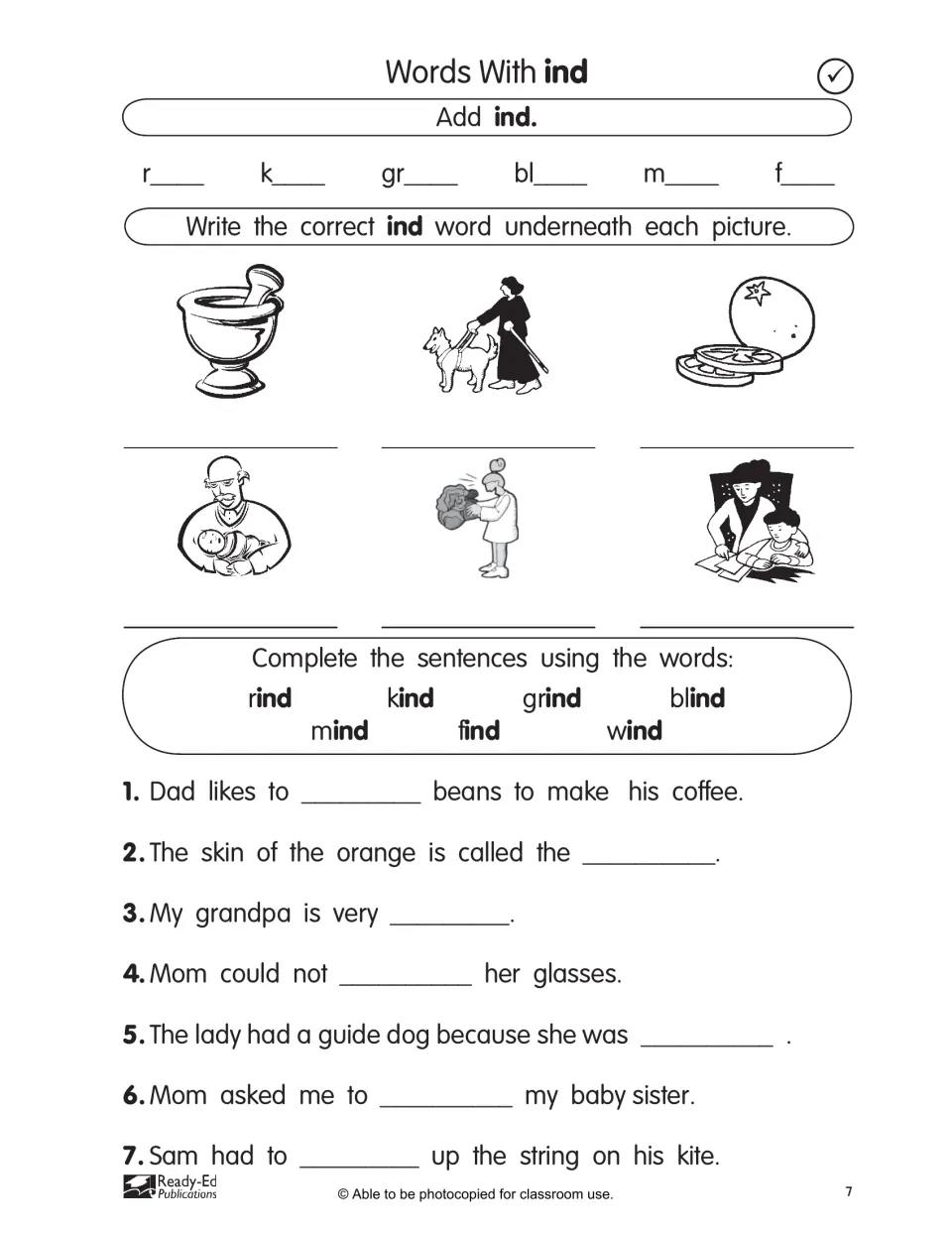 Standard-level ind page: add ind, label six pictures, and complete 7 sentences like 'Dad likes to ___ beans'