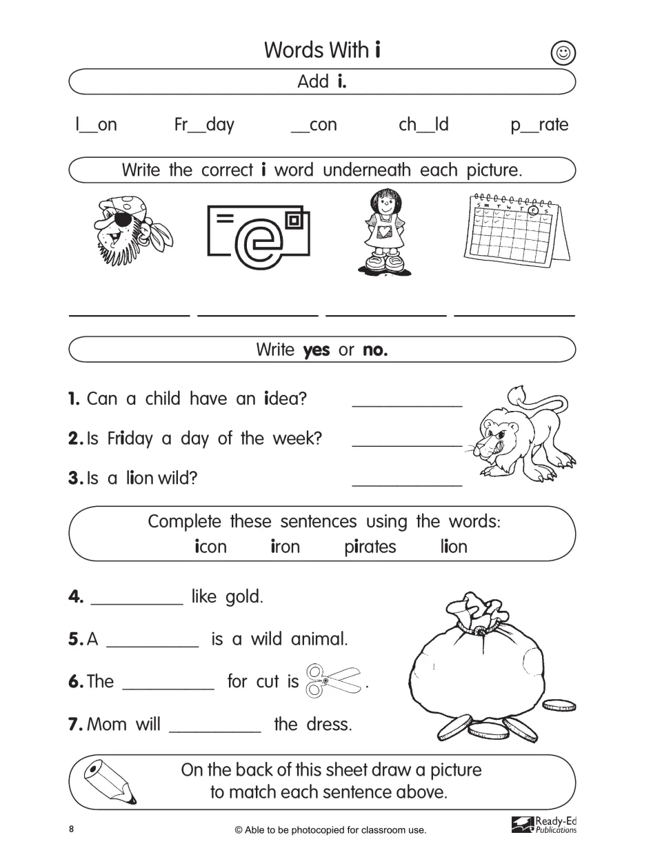 Easy-level i page: add i to l_on and Fr_day, yes/no questions like 'Is a lion wild?', and 4 sentences