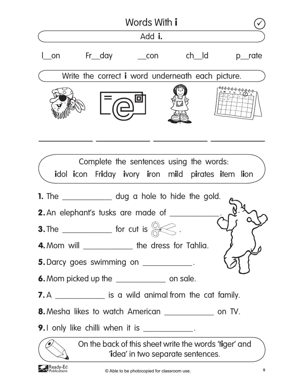 Standard-level i page: label four pictures and complete 9 sentences with idol, icon, Friday, ivory, iron and more