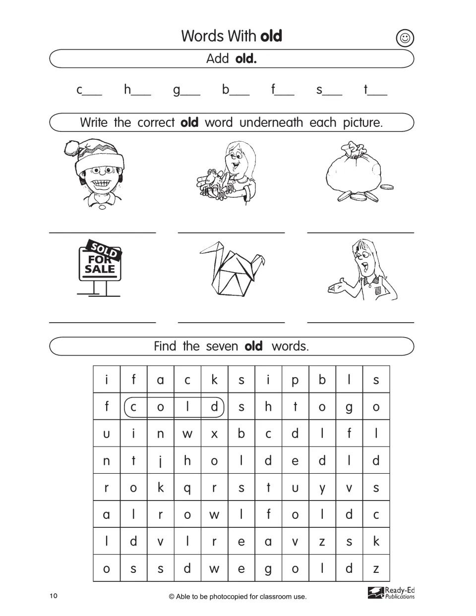 Easy-level old page: add old to c, h, g, b, f, s, t, label six pictures, and find seven old words in a word search