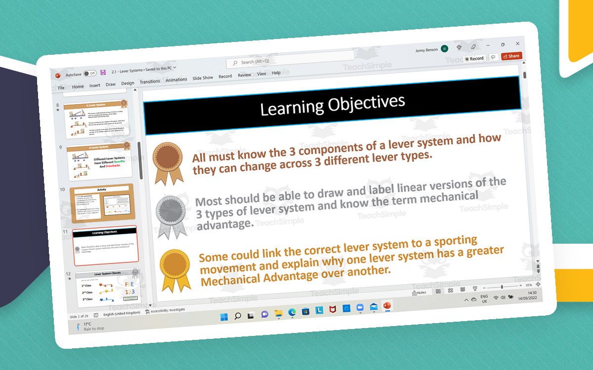 Lever Systems lesson preview with objectives for lever components, classes, sporting movements, and mechanical advantage.