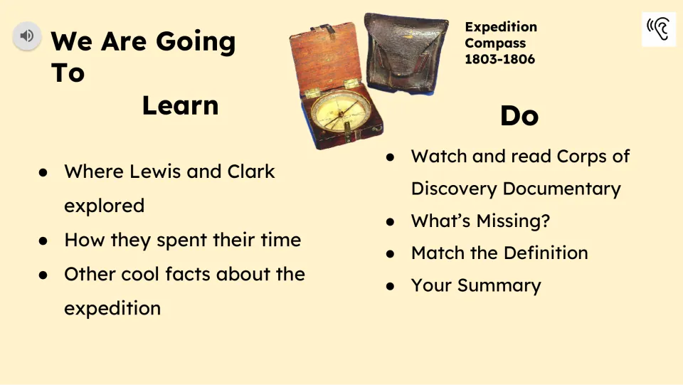 Lesson goals cover where the explorers traveled and spent time; tasks include matching definitions and summarizing