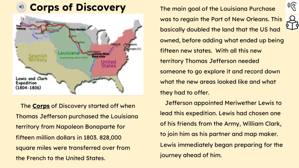 Reading passage part 1 explains the Louisiana Purchase and Jefferson's selection of Lewis to lead the expedition