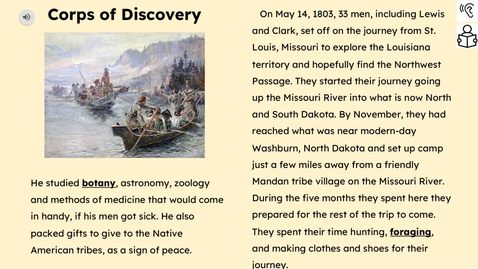 Reading passage part 2 describes Lewis's preparations, travel up the Missouri River, and camp near a Mandan village