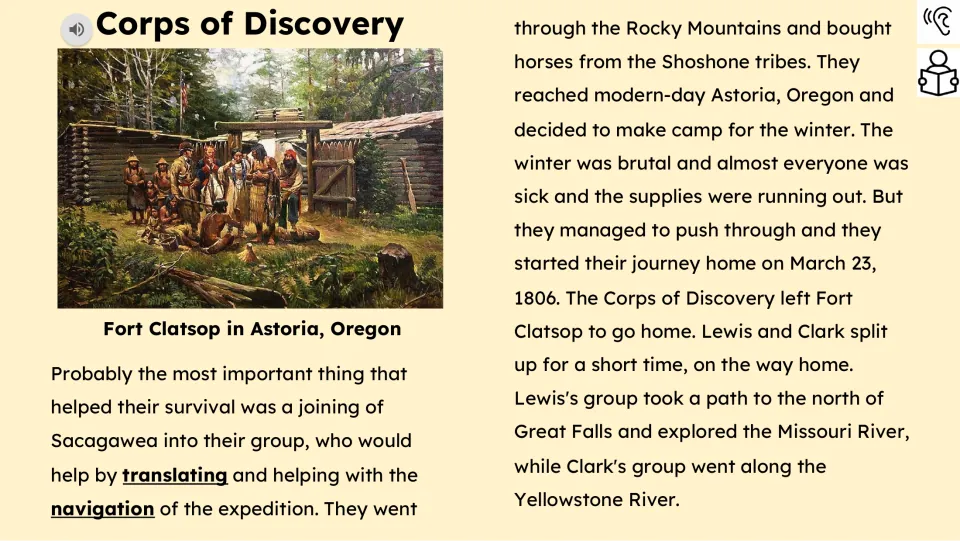 Reading passage part 3 covers Sacagawea's help, the Rocky Mountains, winter at Fort Clatsop, and the return journey