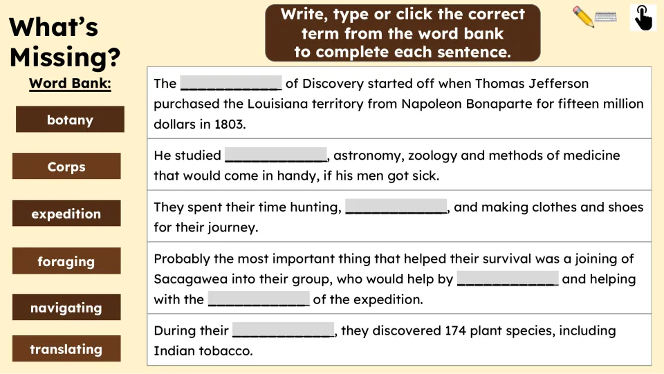 What's Missing? vocabulary practice asks students to complete five passage sentences using a six-term word bank