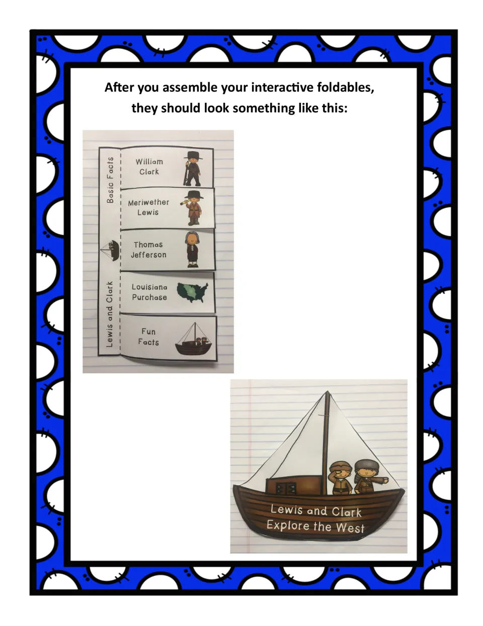 Photos of both finished foldables glued in a notebook: the five-flap Basic Facts booklet and the sailboat booklet