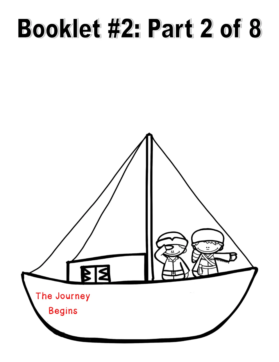Booklet 2 sailboat page headed 'The Journey Begins', where students write what they learned about this stage