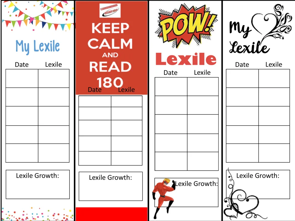Lexile tracking bookmarks: four cut-out designs where students log dates and Lexile scores and record their growth